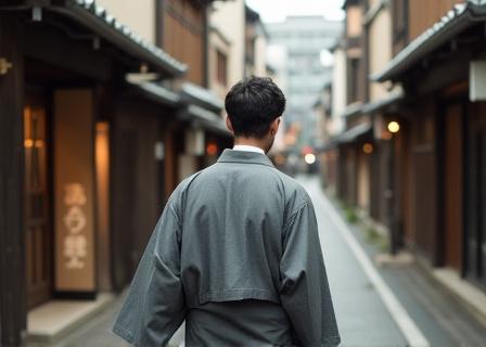 A man wearing a modern haori jacket in the traditional Yanaka district.